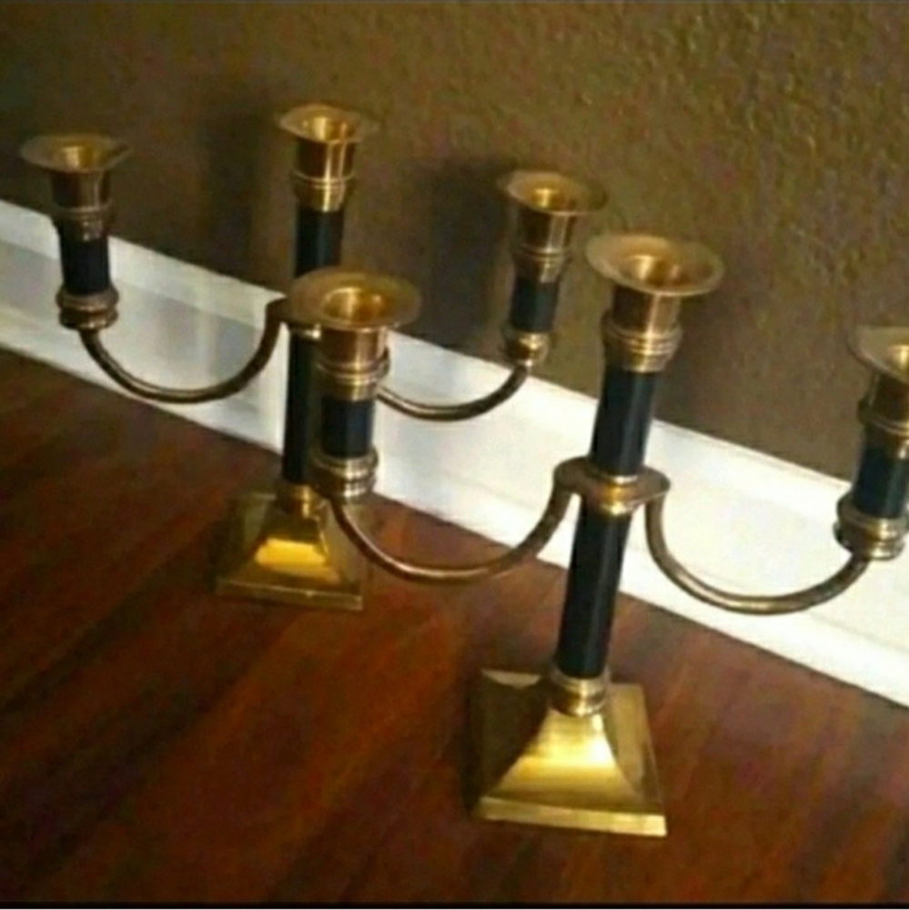 VINTAGE BRASS CANDELABRA SET BRASS BLACK AND GOLD ACCENTS CANDLE HOLDERS